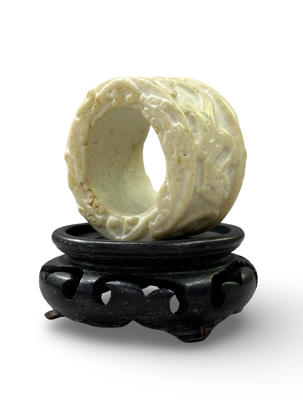 Archaistic Chinese Hand-Carved Stone Cylinder Ring - White Serpentine with Relief Carvings - Scholarly Gift