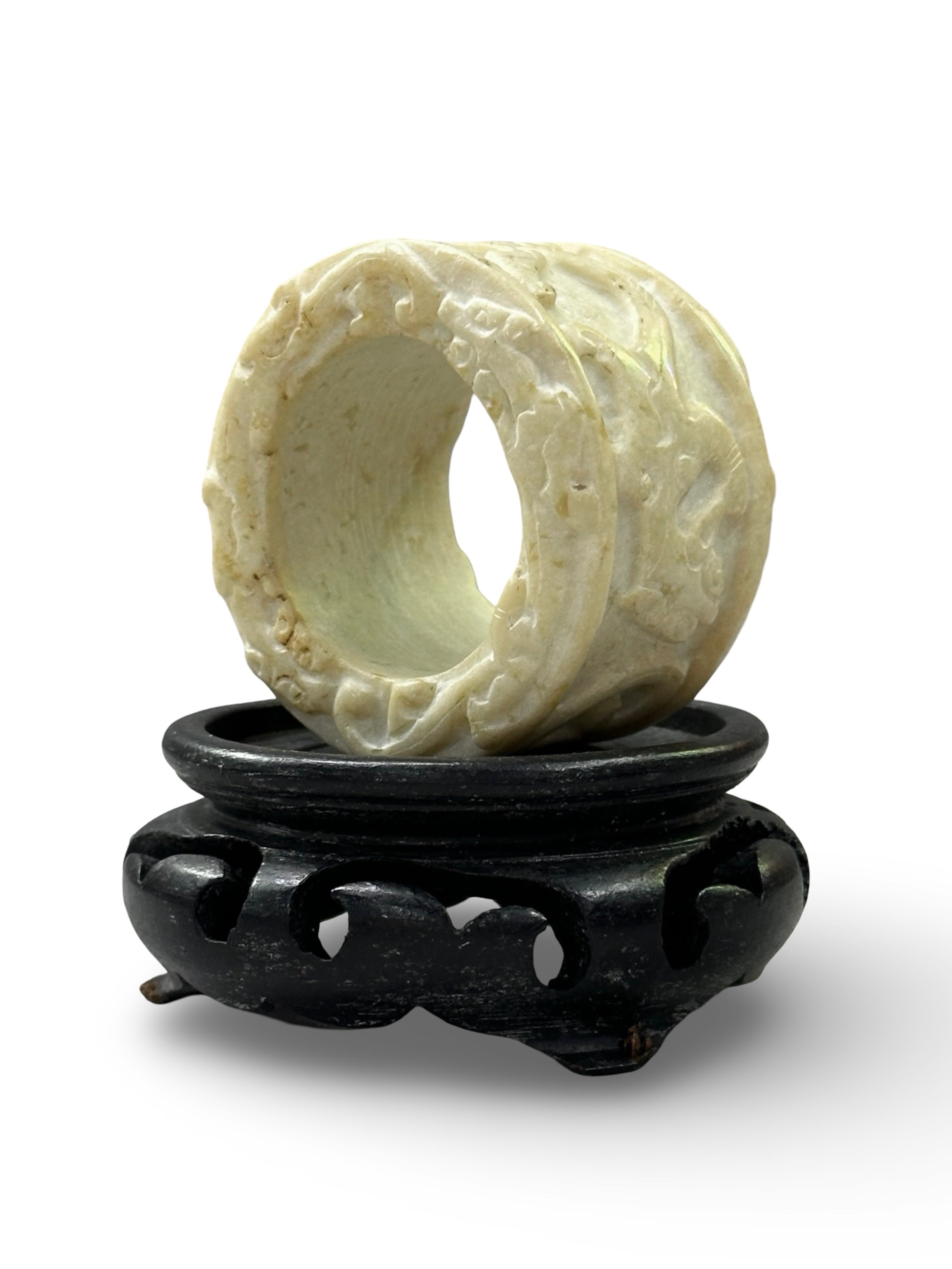 Archaistic Chinese Hand-Carved Stone Cylinder Ring - White Serpentine with Relief Carvings - Scholarly Gift