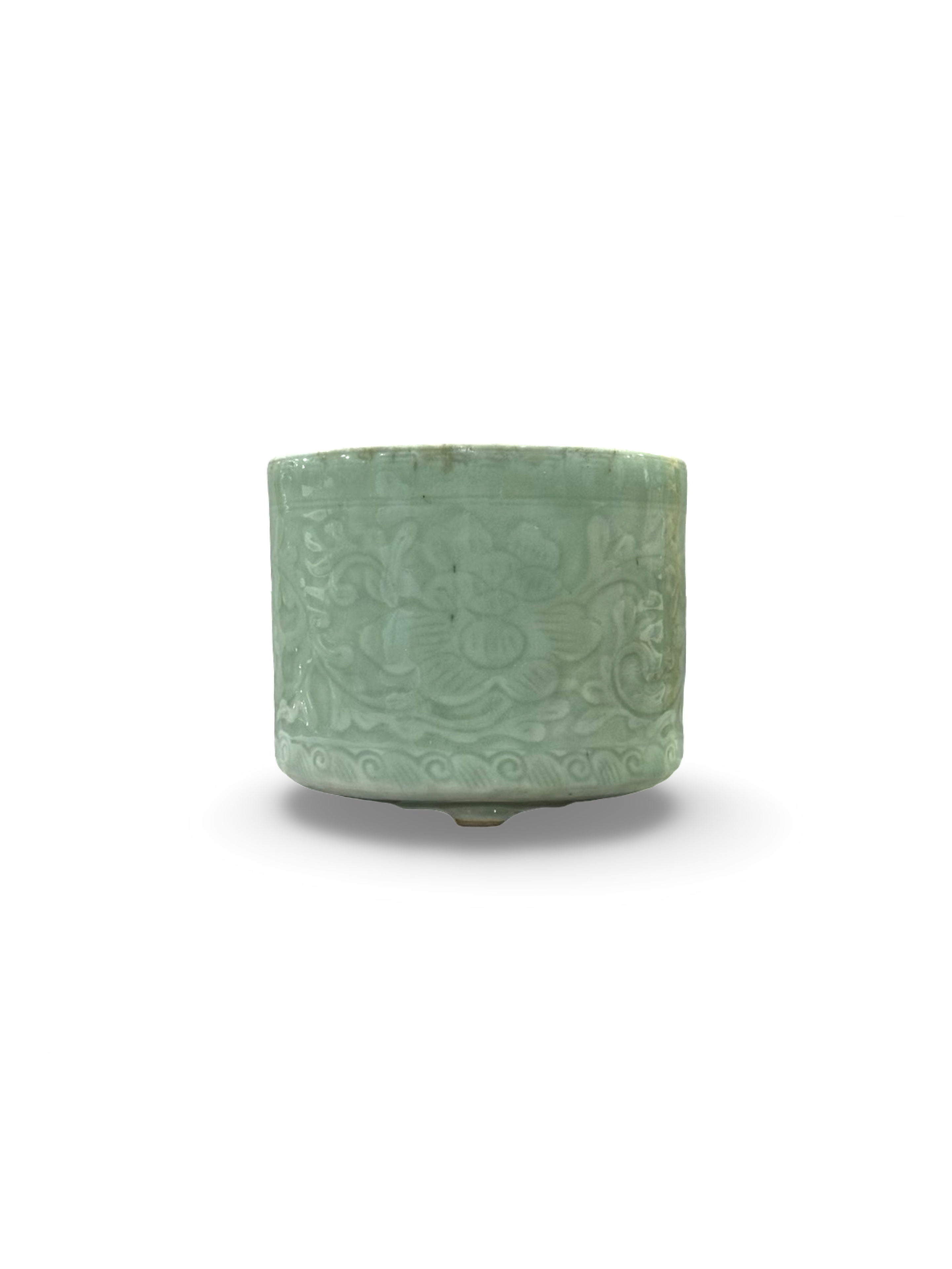 19th-Century Chinese Celadon Porcelain Incense burner- Green Glaze Incised Floral Vessel