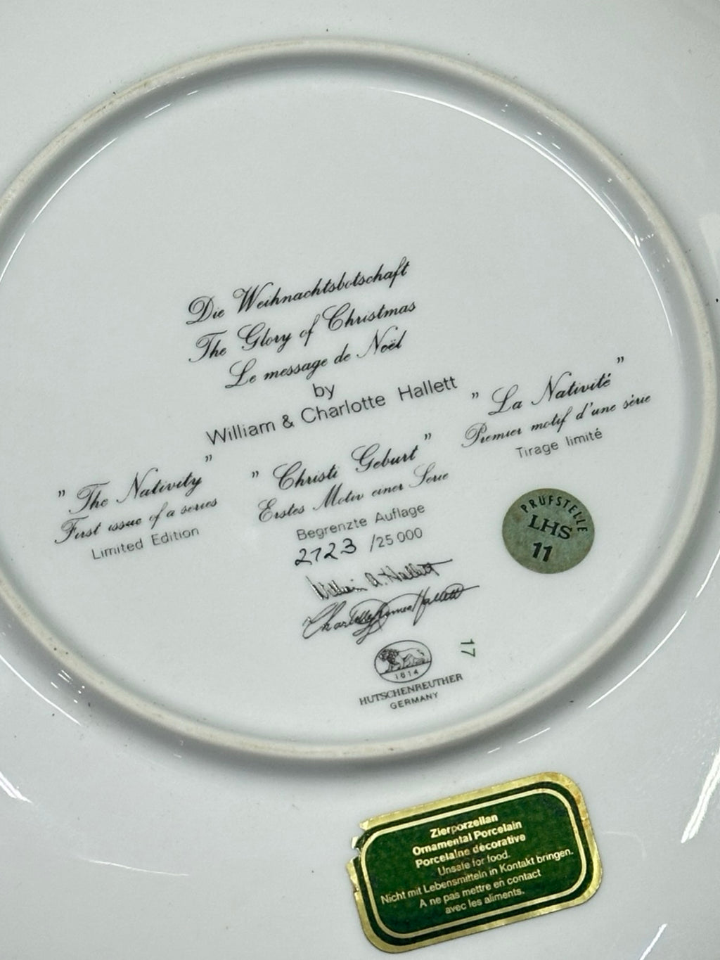 Hutschenreuther 1982 "The Nativity" Limited Edition Christmas Plate - William & Charlotte Hallett