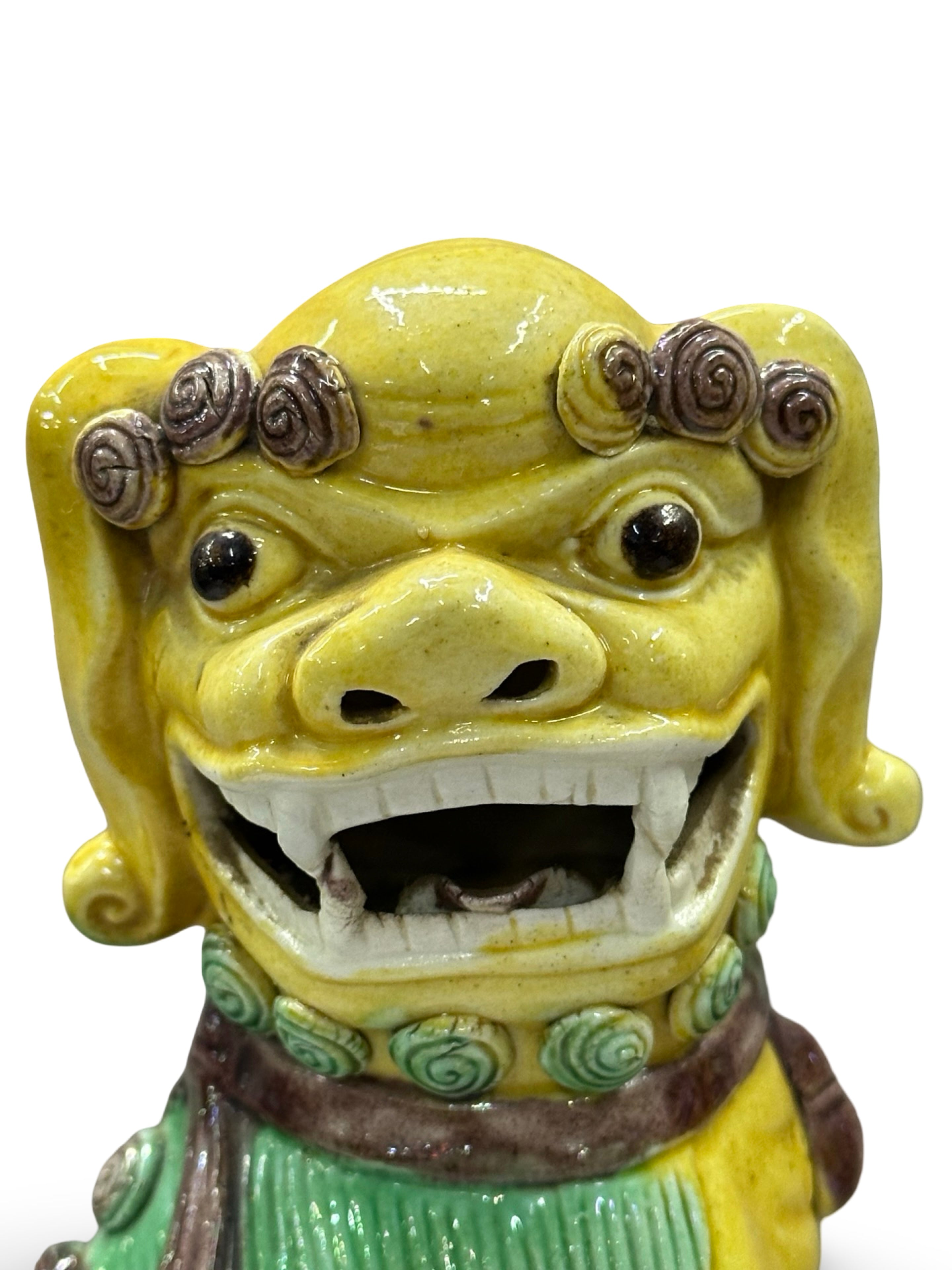 20th century Chinese Foo Dog Statues - Yellow & Green Sancai Glaze - Pair