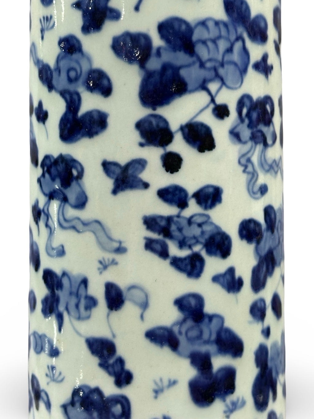 20th-Century Antique Chinese Blue & White Porcelain Cylindrical Hat Stand Vase - Floral Prunus Motif