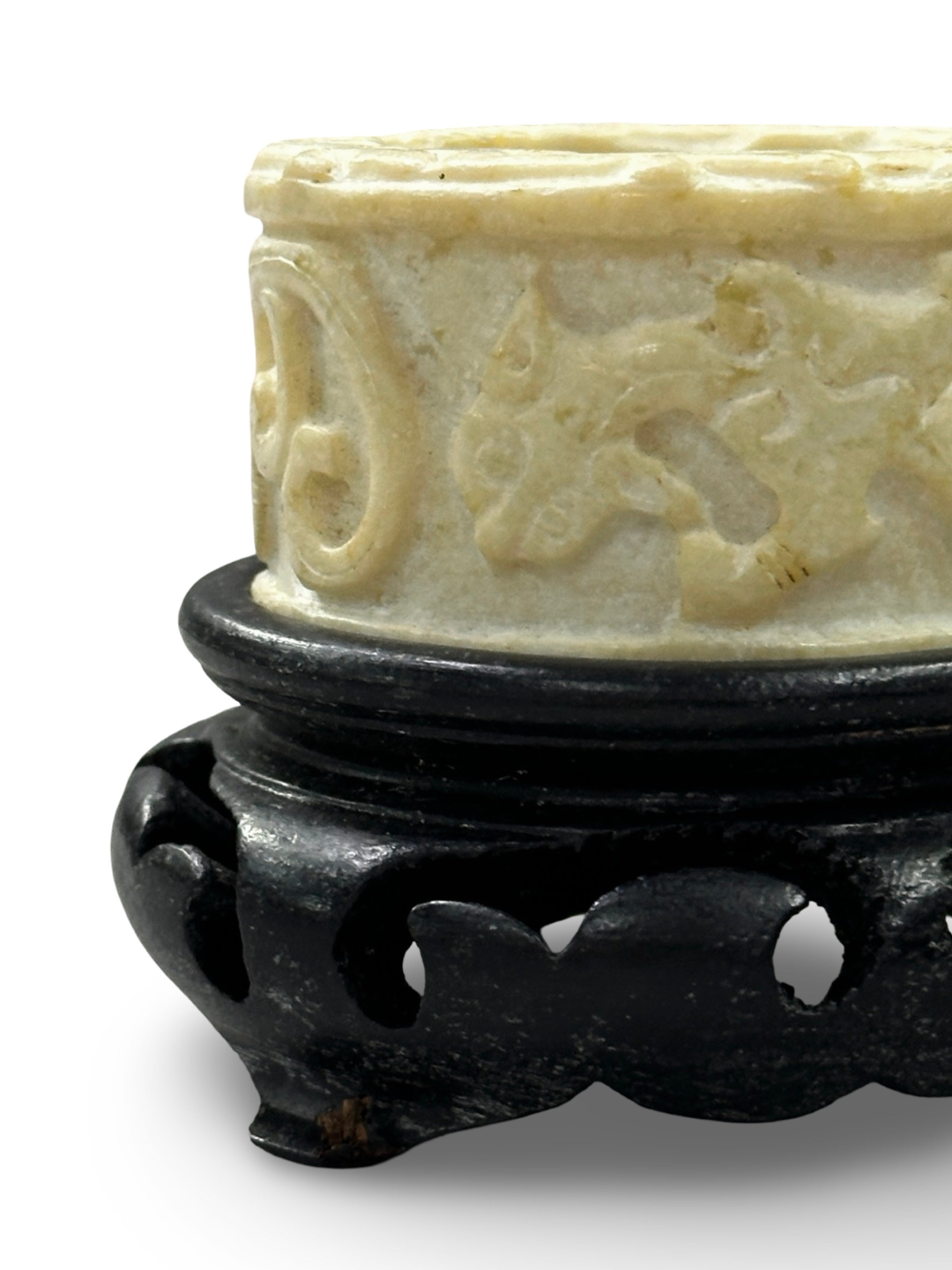 Archaistic Chinese Hand-Carved Stone Cylinder Ring - White Serpentine with Relief Carvings - Scholarly Gift