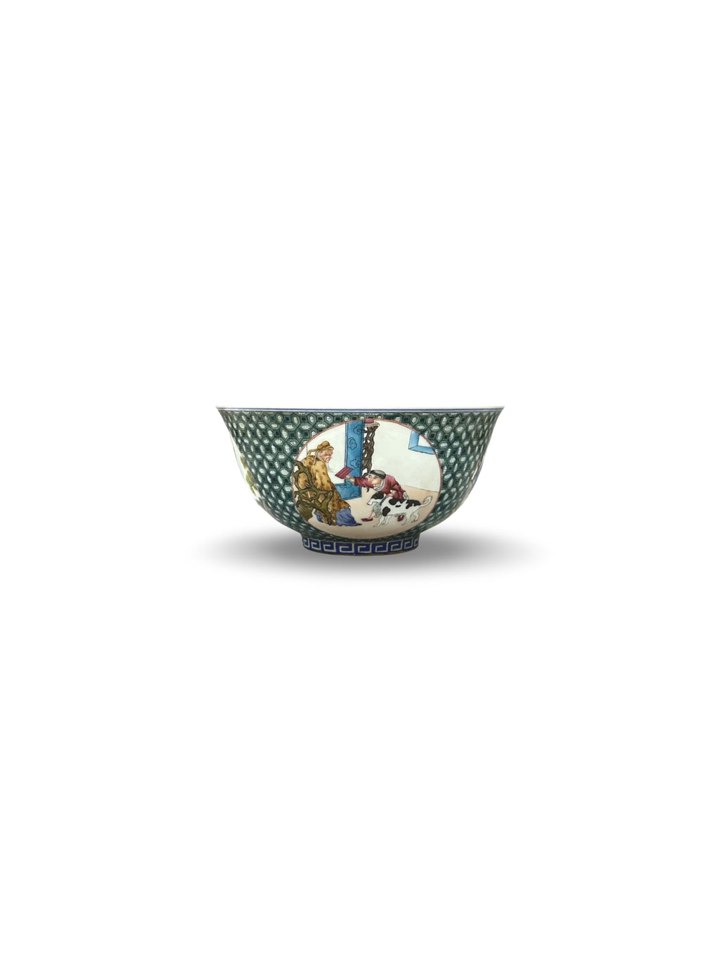 20th-Century Chinese Porcelain Figure & Zodiac Medallion Bowl – Green Honeycomb Enamel