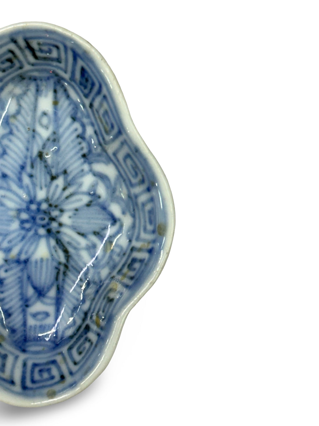 Antique Blue and White Porcelain Soy Sauce Plate - Floral & Geometric Pattern