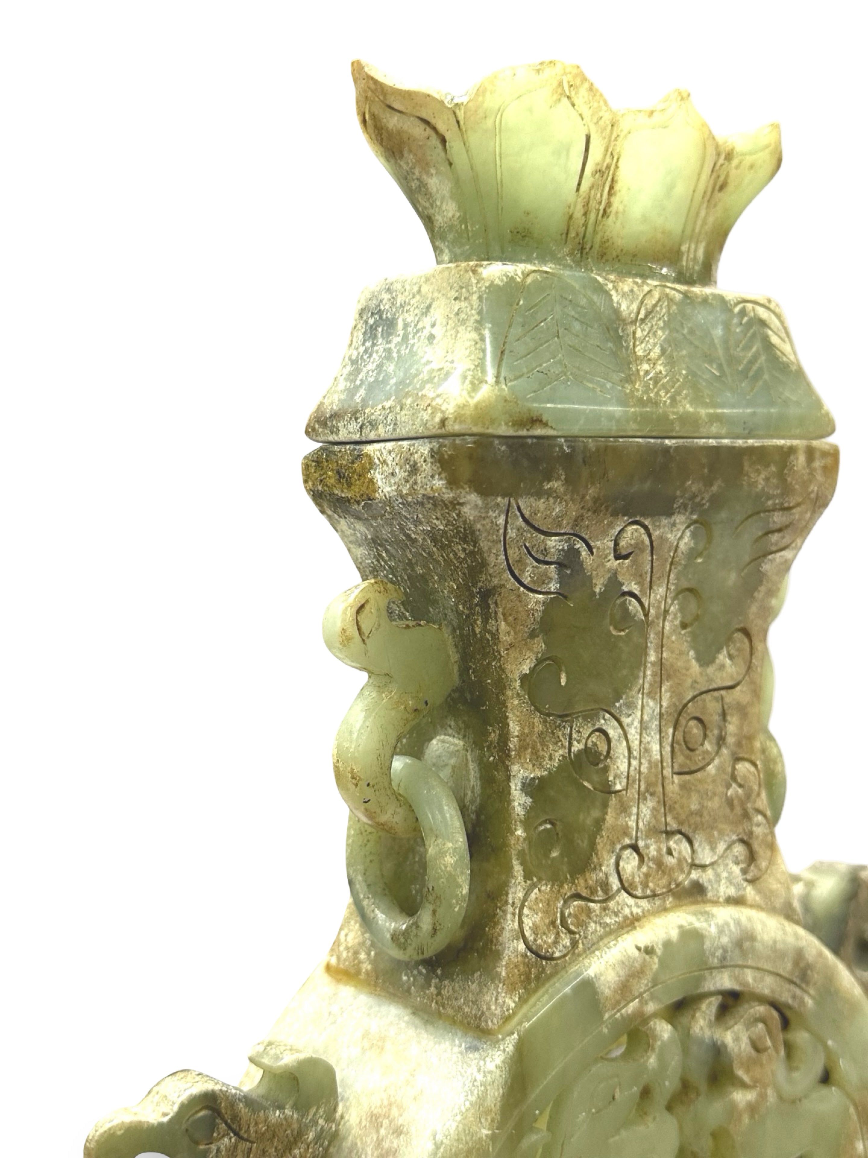 Mid-century Chinese Hand-Carved Soapstone Vase - Archaic Bi Disk & Chilong Dragon Motif