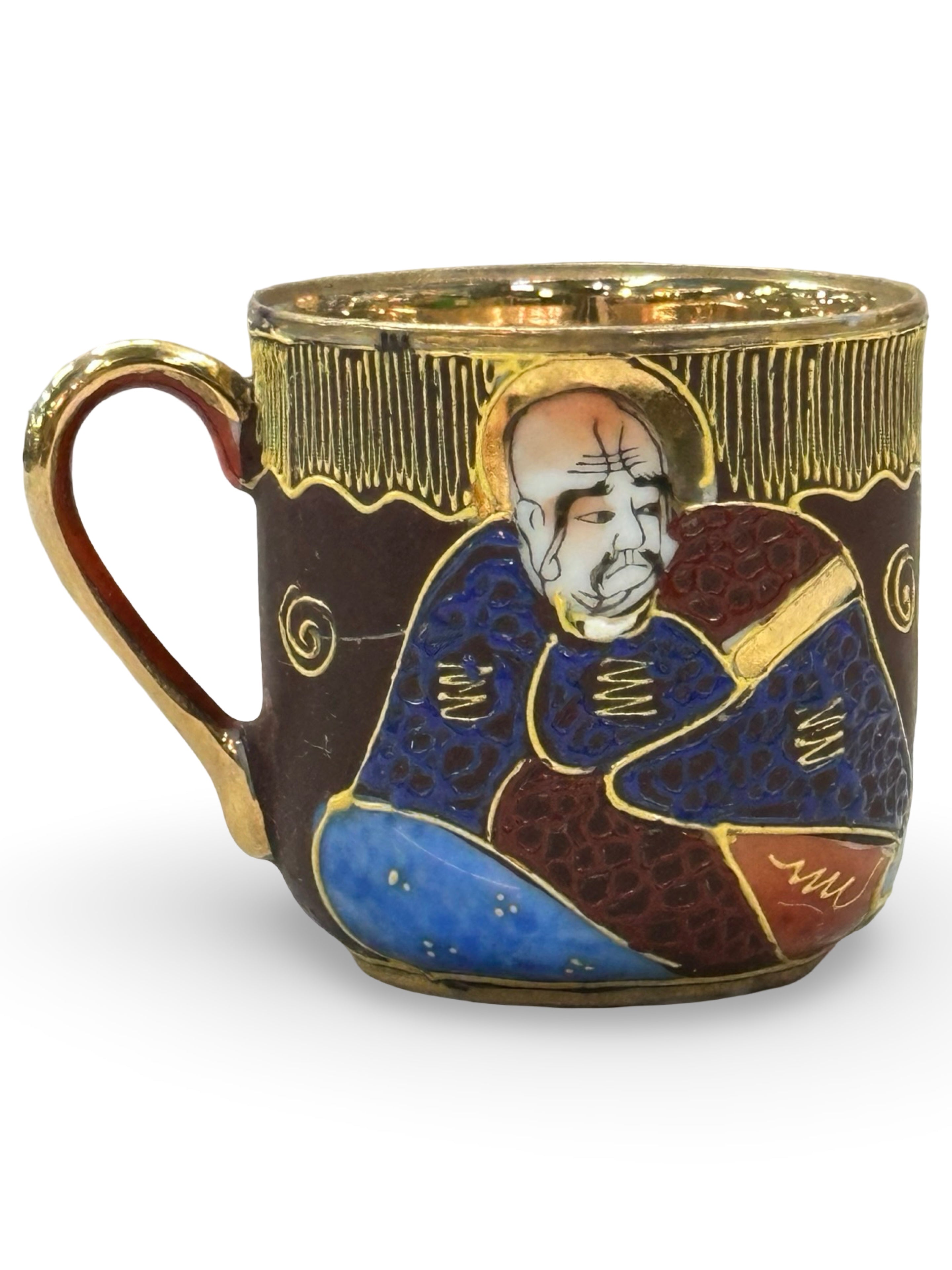Vintage Japanese Samurai China Tea Cup and Saucer - Moriage Immortals Pattern - Hand-Painted Satsuma Style