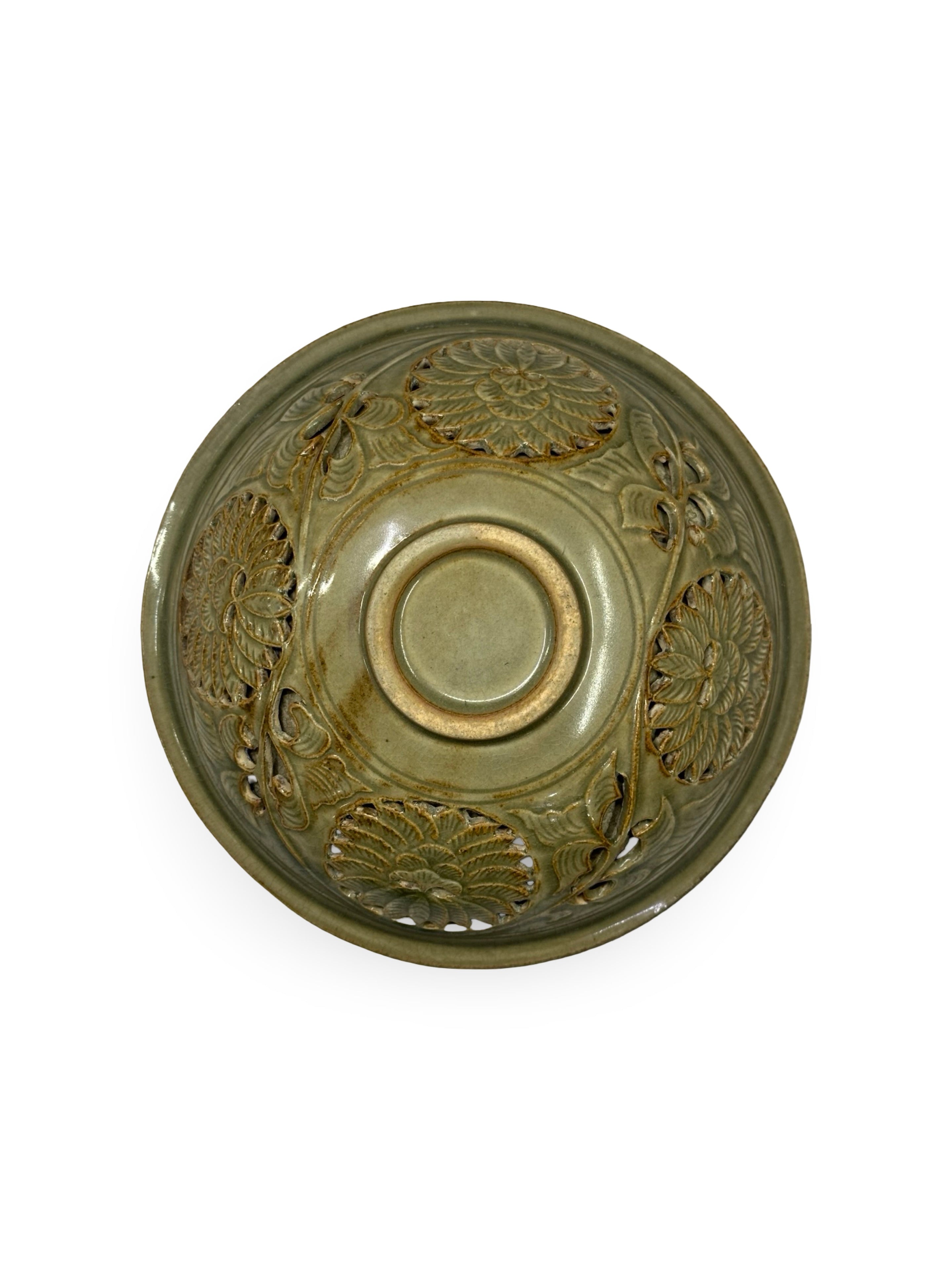 Antique Style Double-Walled Yaozhou Celadon Bowl - Hand-Carved Openwork Peony Design
