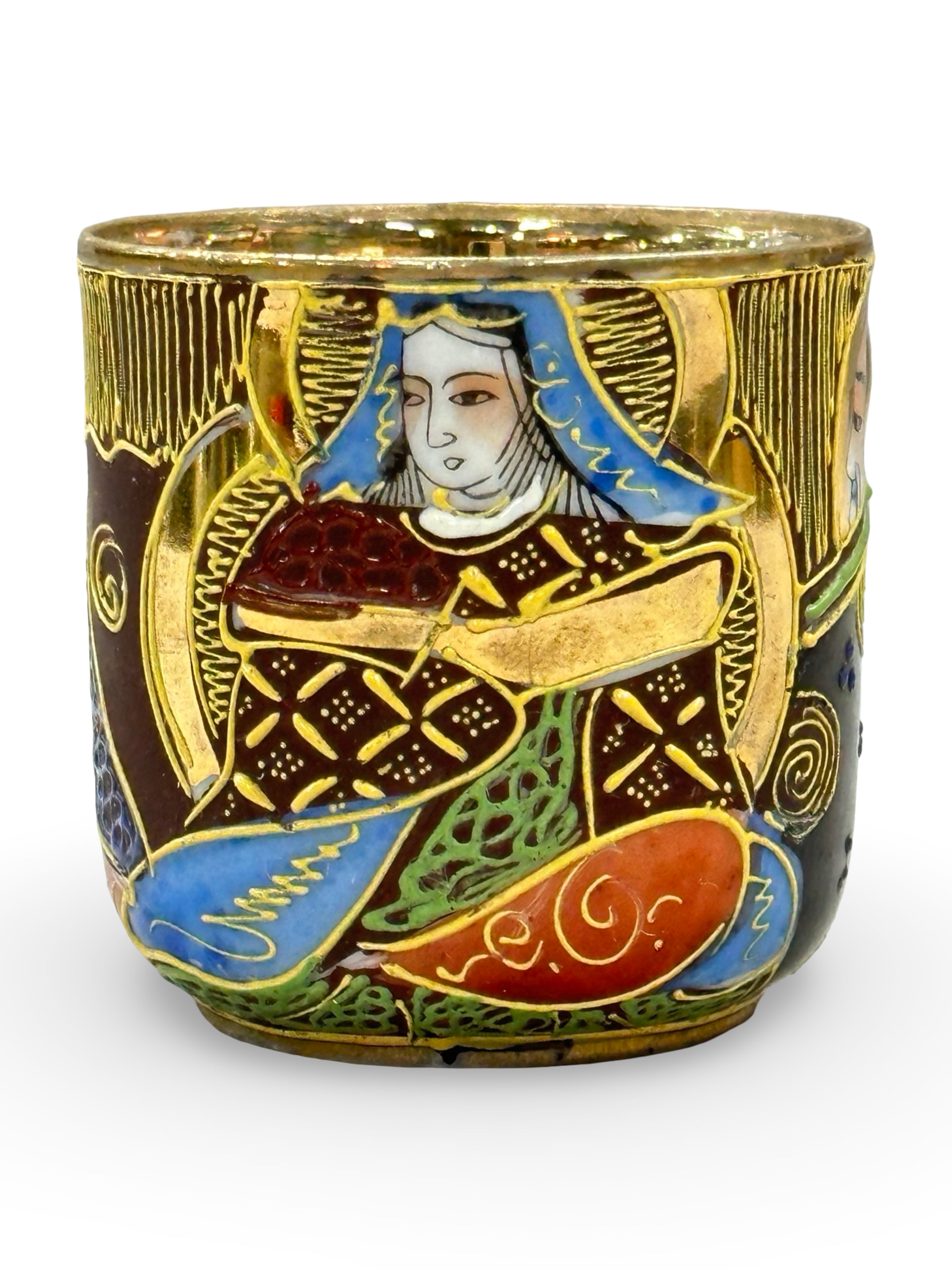 Vintage Japanese Samurai China Tea Cup and Saucer - Moriage Immortals Pattern - Hand-Painted Satsuma Style