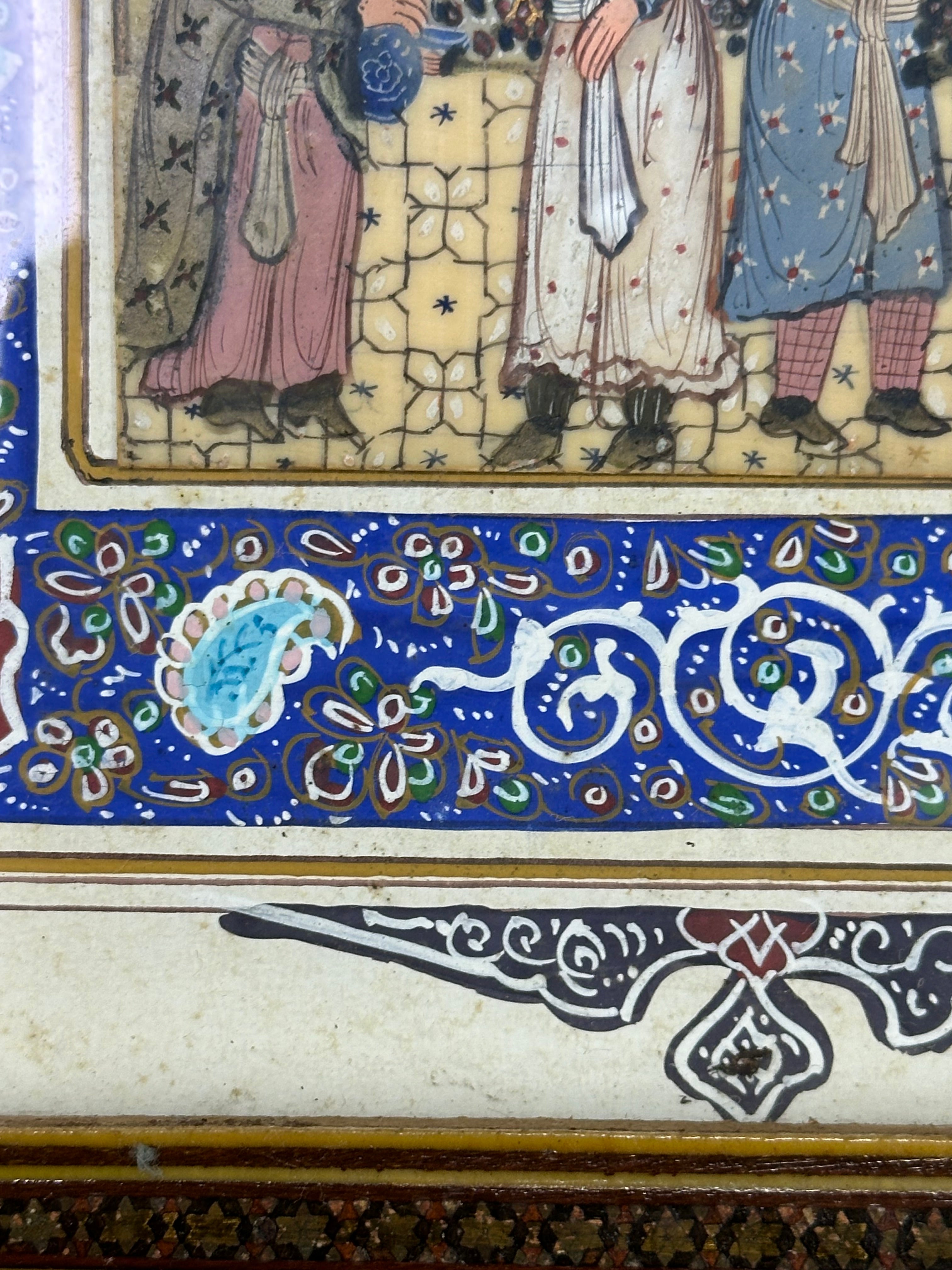 19th-century Persian miniature painting with khatamkari frame