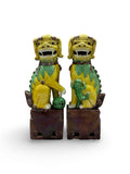 20th century Chinese Foo Dog Statues - Yellow & Green Sancai Glaze - Pair
