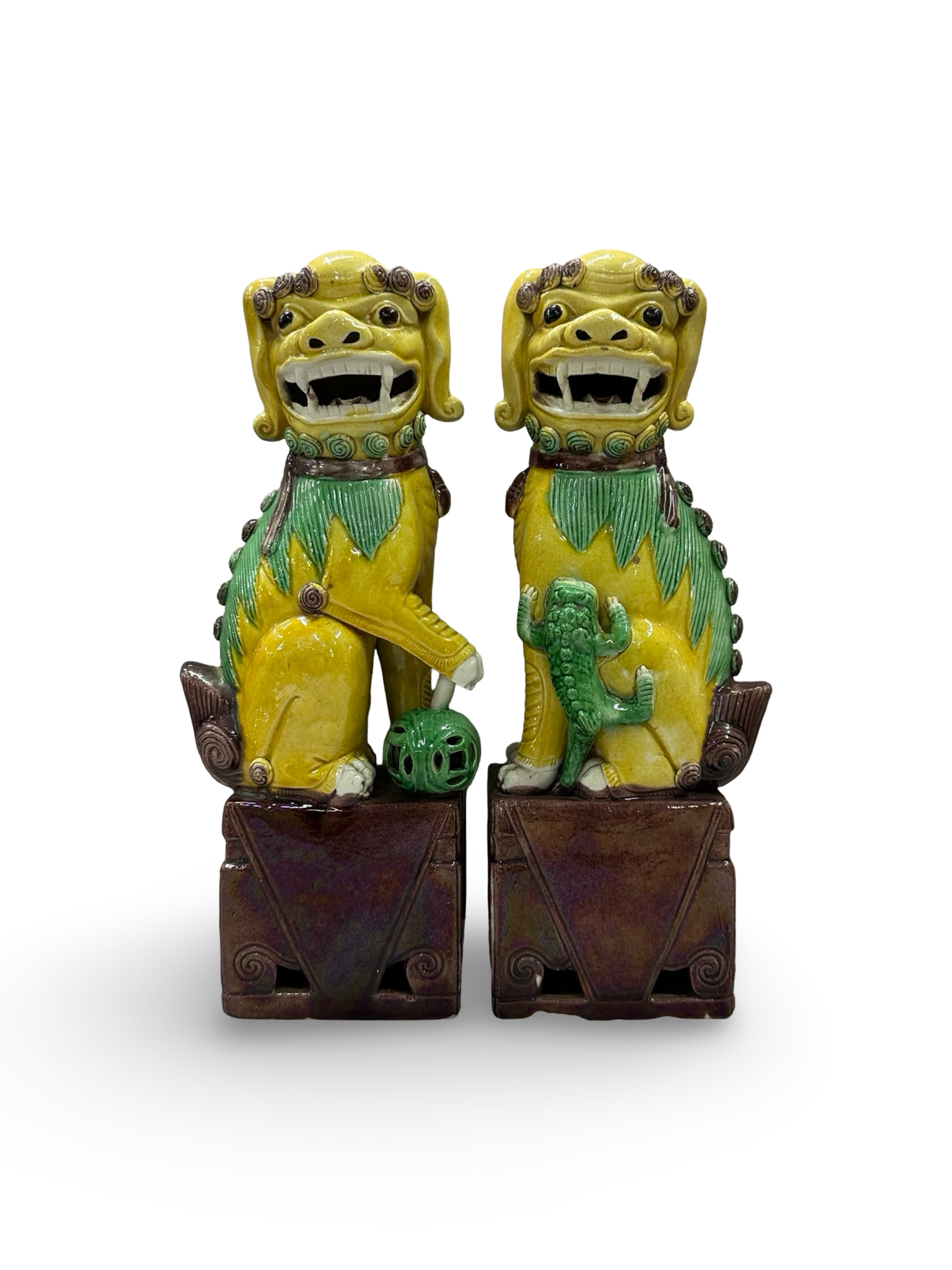 20th century Chinese Foo Dog Statues - Yellow & Green Sancai Glaze - Pair