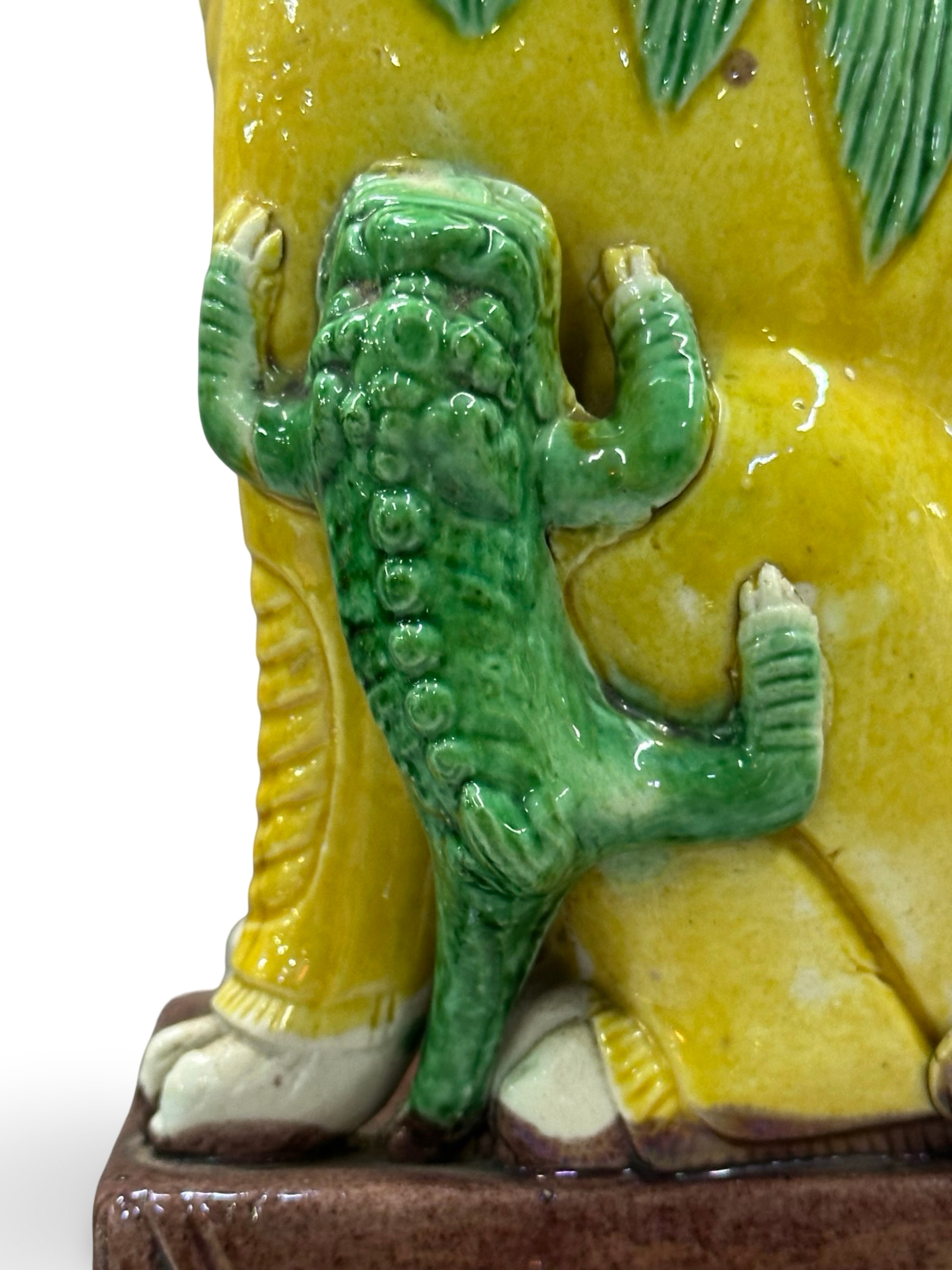 20th century Chinese Foo Dog Statues - Yellow & Green Sancai Glaze - Pair