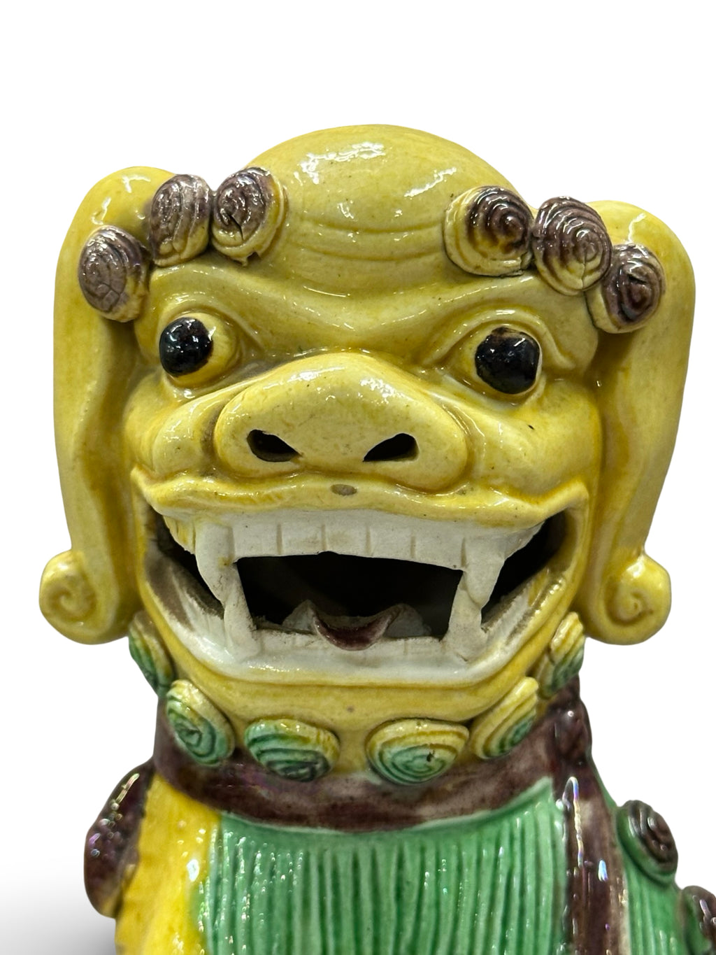 20th century Chinese Foo Dog Statues - Yellow & Green Sancai Glaze - Pair