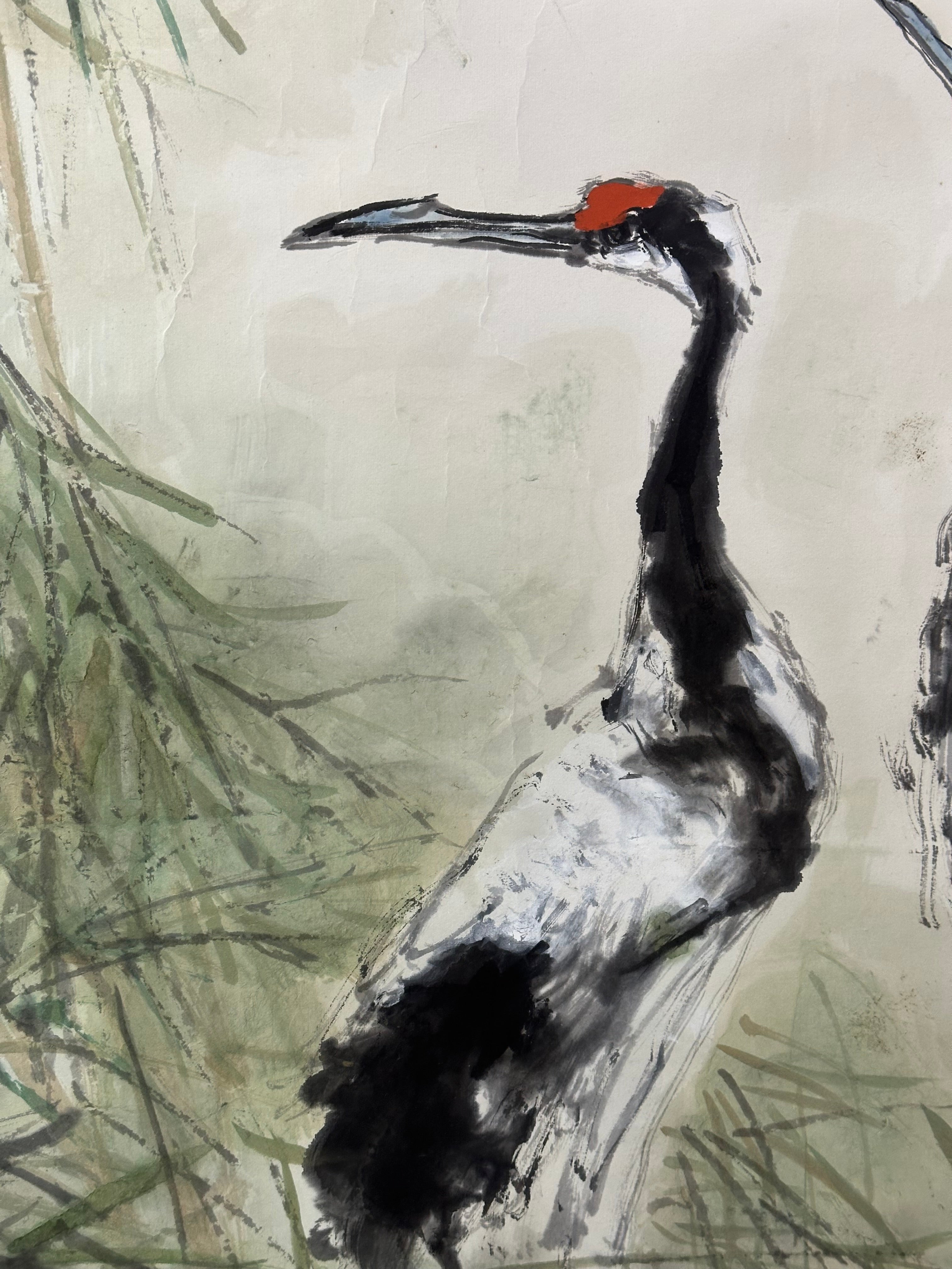 Liu chuncao 刘春草 1996 Signed Chinese Ink Painting (Bingzi Year) – Hand-Painted Red-Crowned Cranes