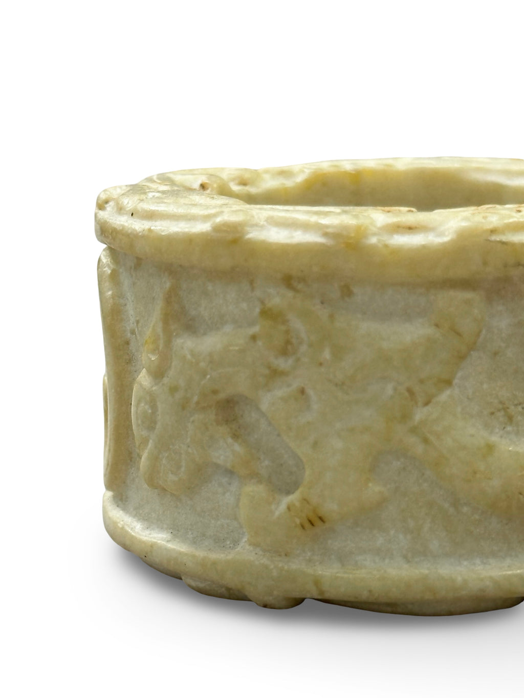 Archaistic Chinese Hand-Carved Stone Cylinder Ring - White Serpentine with Relief Carvings - Scholarly Gift