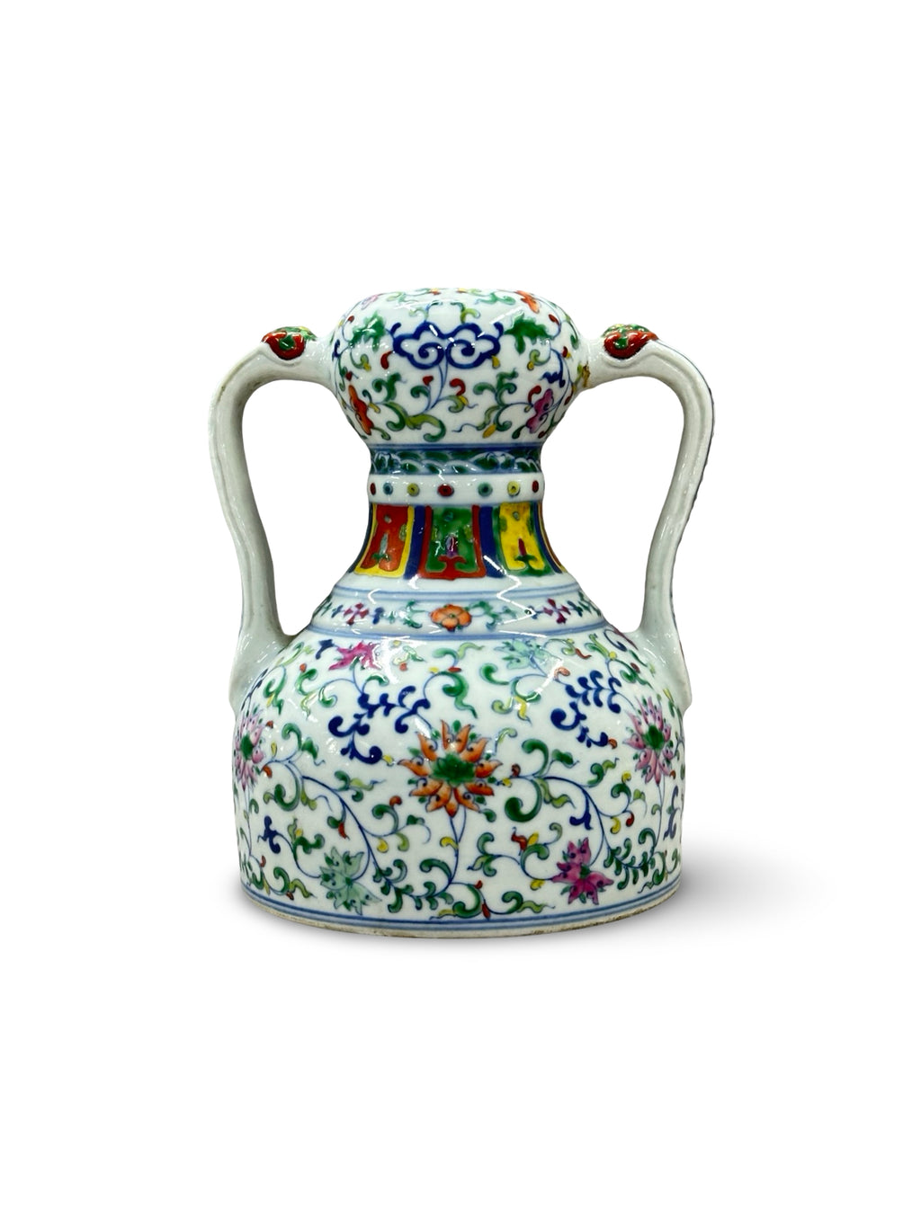 20th-Century Antique Style Chinese Doucai Porcelain Twin-Handled Vase - Floral Scroll & Lotus Motif