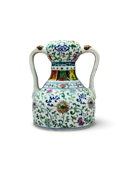 20th-Century Antique Style Chinese Doucai Porcelain Twin-Handled Vase - Floral Scroll & Lotus Motif