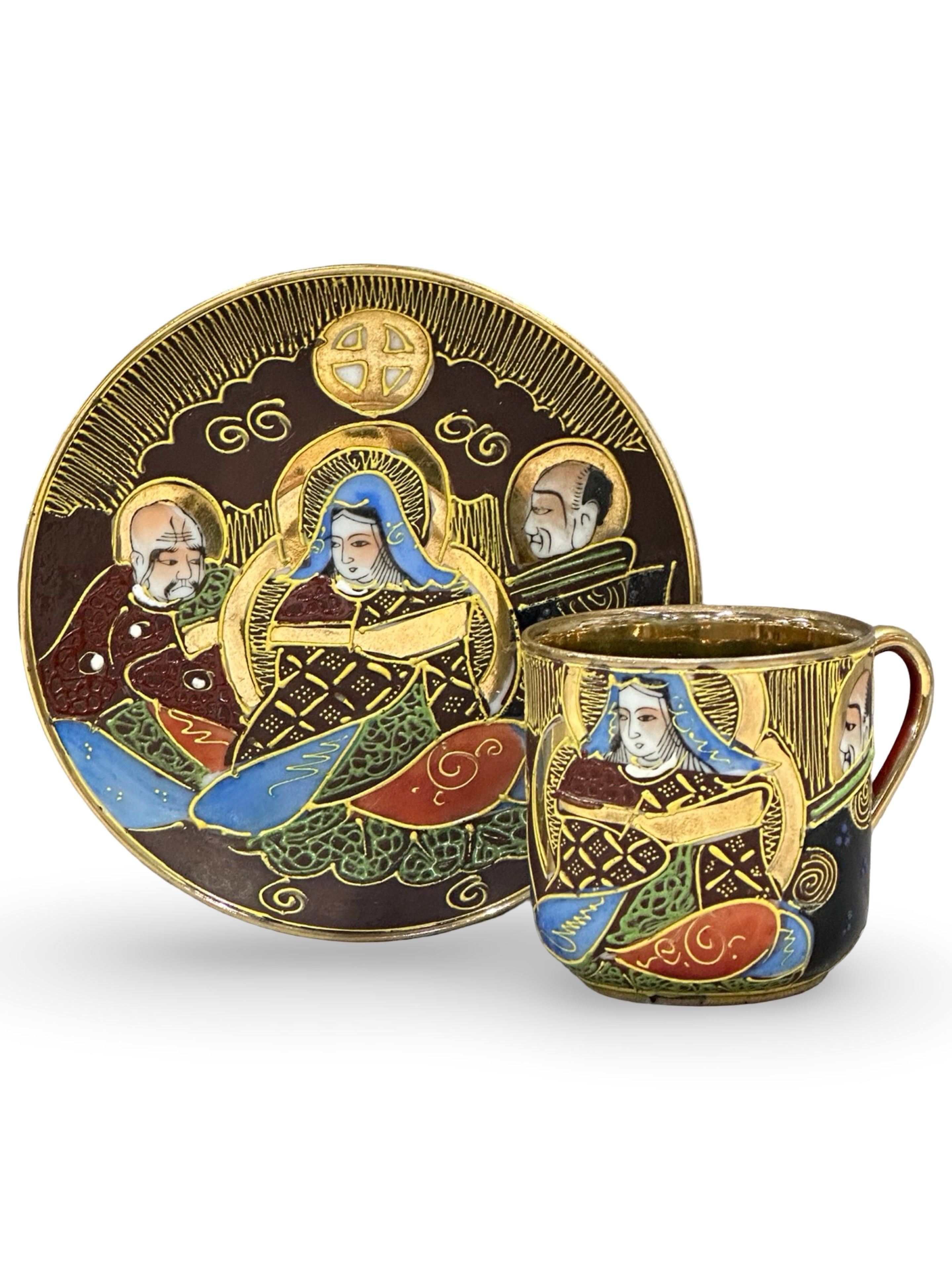 Vintage Japanese Samurai China Tea Cup and Saucer - Moriage Immortals Pattern - Hand-Painted Satsuma Style