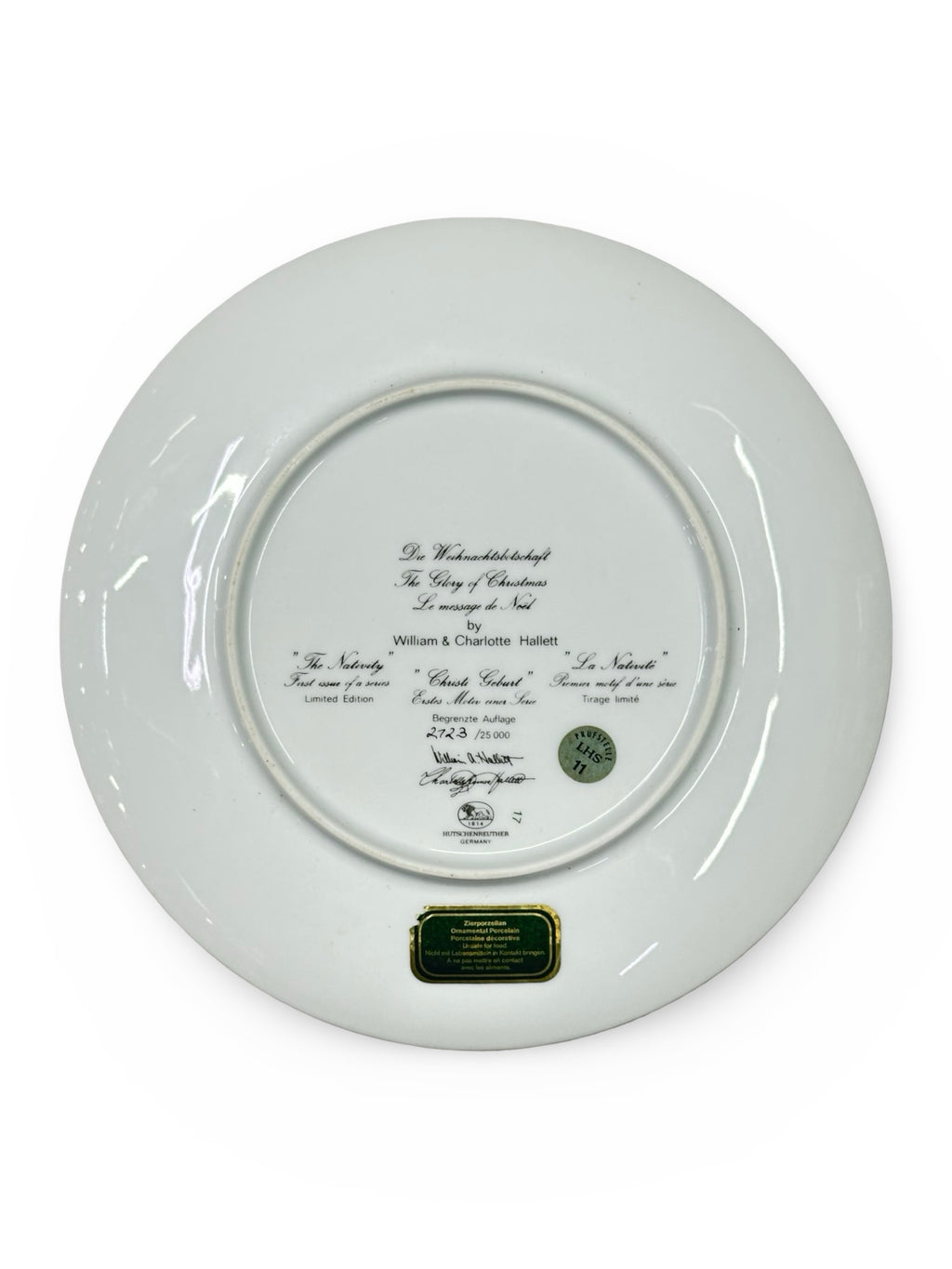 Hutschenreuther 1982 "The Nativity" Limited Edition Christmas Plate - William & Charlotte Hallett