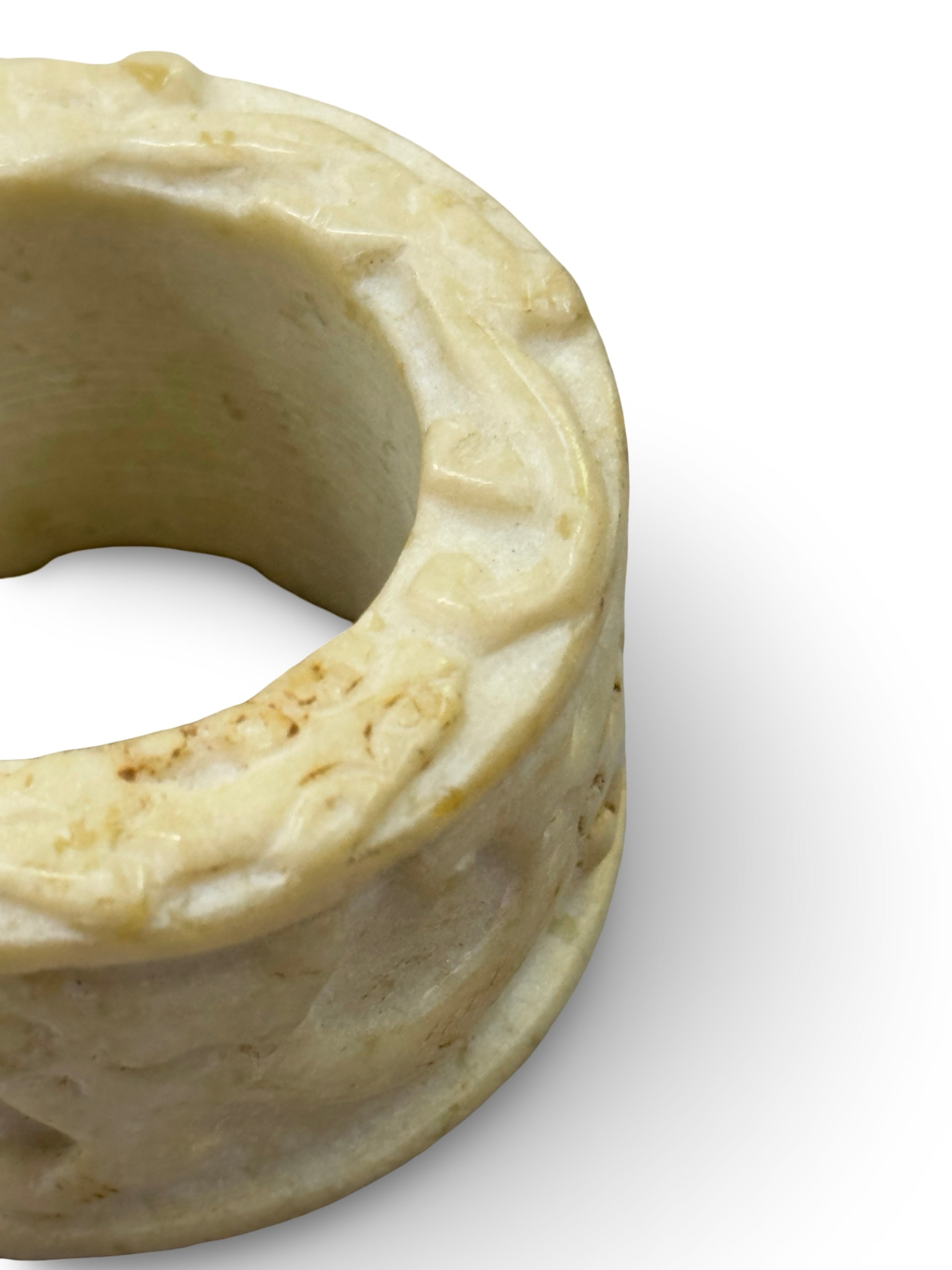 Archaistic Chinese Hand-Carved Stone Cylinder Ring - White Serpentine with Relief Carvings - Scholarly Gift