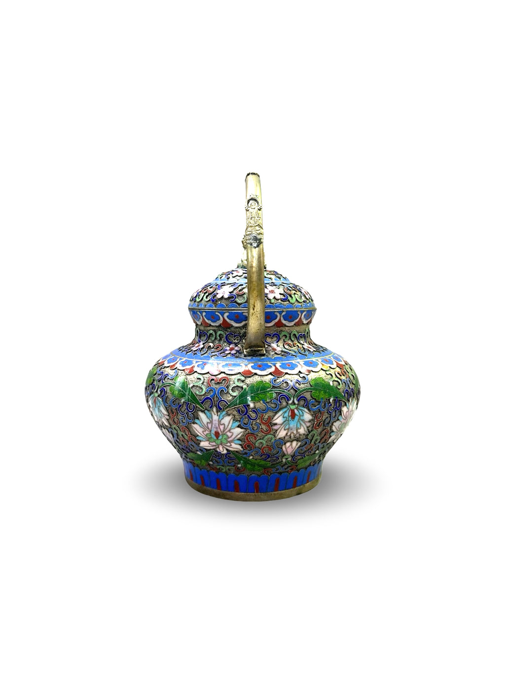 Title: Vintage Chinese Cloisonné Enamel Teapot – Lotus Blossom Design with Brass Handle & Foo Dog Finial (景泰蓝）