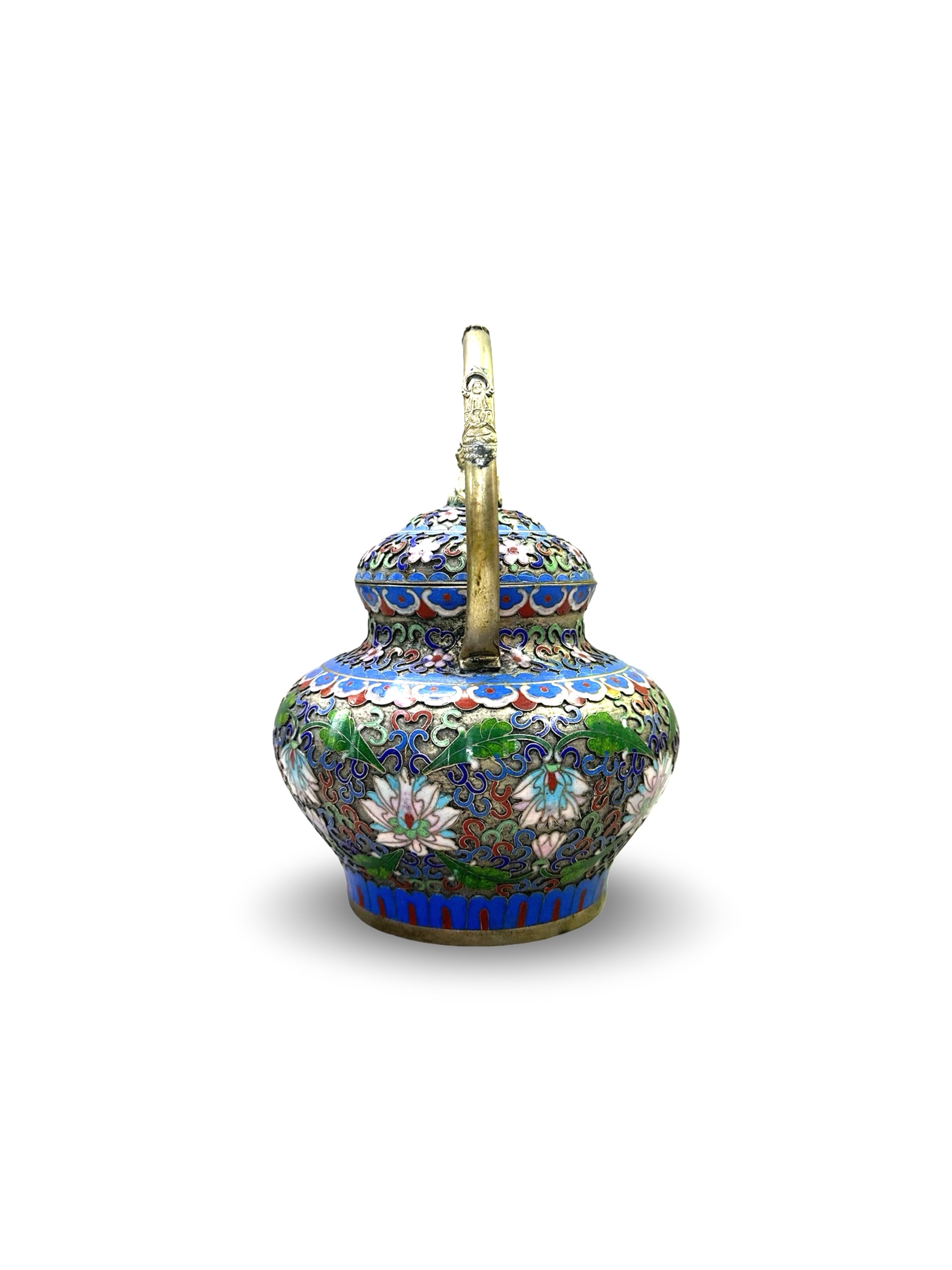 Title: Vintage Chinese Cloisonné Enamel Teapot – Lotus Blossom Design with Brass Handle & Foo Dog Finial (景泰蓝）