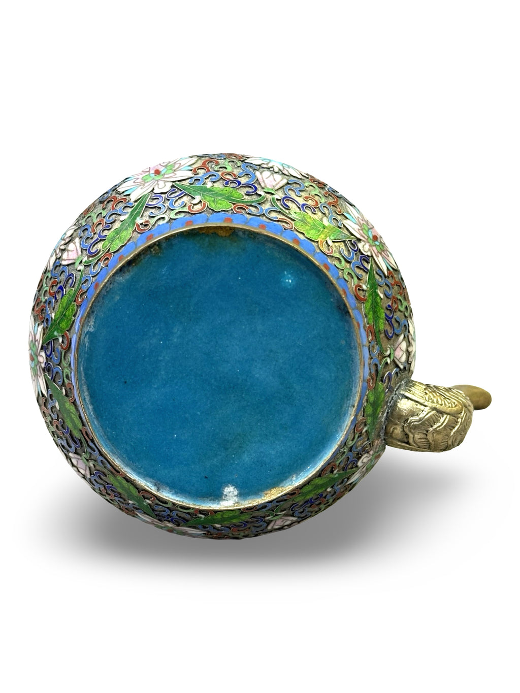 Title: Vintage Chinese Cloisonné Enamel Teapot – Lotus Blossom Design with Brass Handle & Foo Dog Finial (景泰蓝）