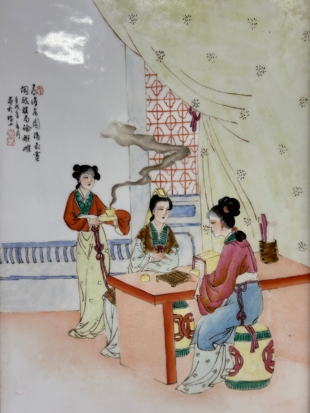 Vintage Chinese Famille Rose Porcelain Plaque - Ladies Playing Go & Tea Scene