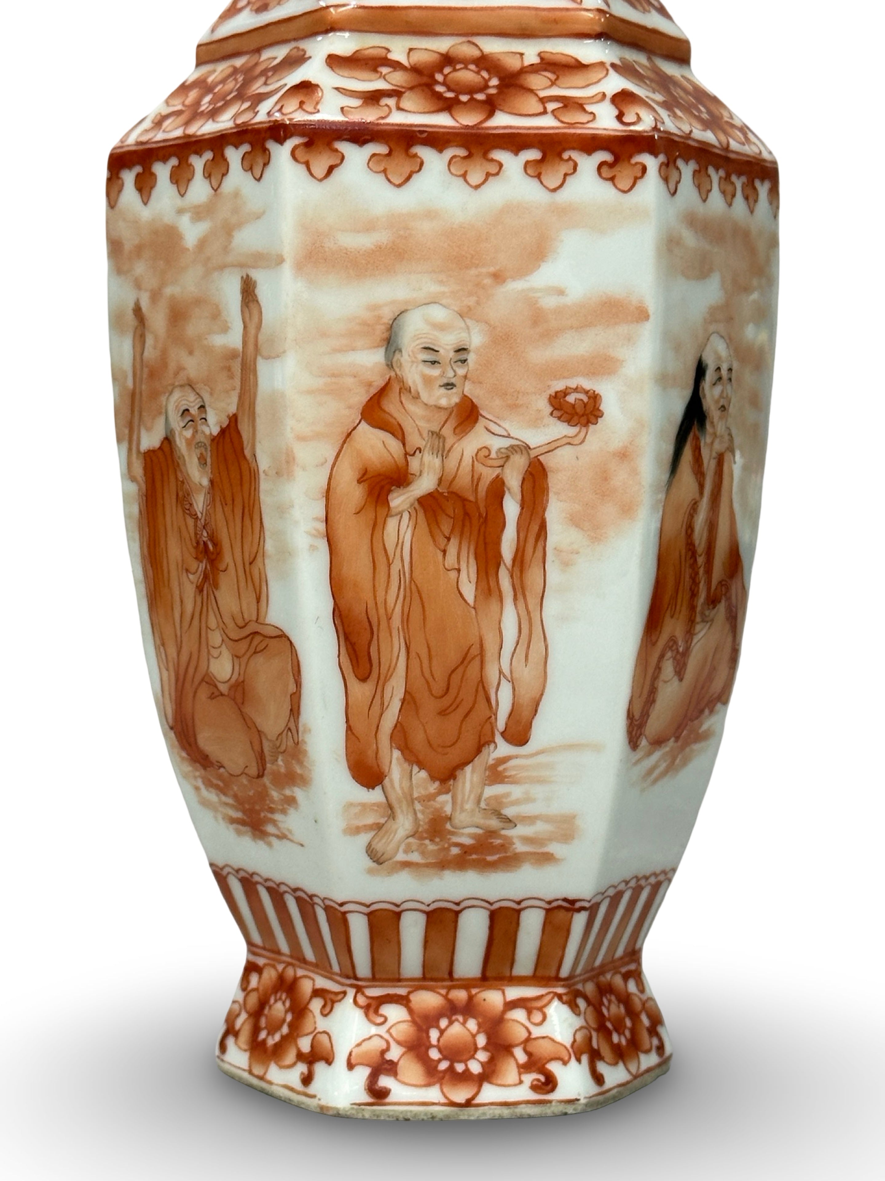 20th-century 8 monk Octagonal hand painted porcelain vase